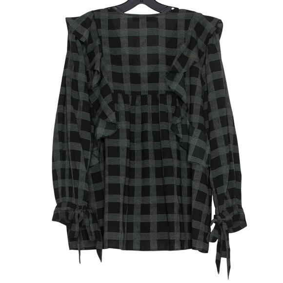 Loft Top Boho Cottage Minimalist Academia Grunge Ruffle Button Plaid Black XL - Picture 2 of 6